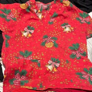 Christmas Festive Red Scrub Top with Bells, stars,and Bows Sz.M-L